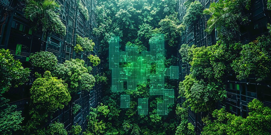 Futuristic green cityscape showcasing sustainable urban design with vertical forests and digital grid overlay, representing integration of ESG framework, SDG indicators, and carbon neutral technology