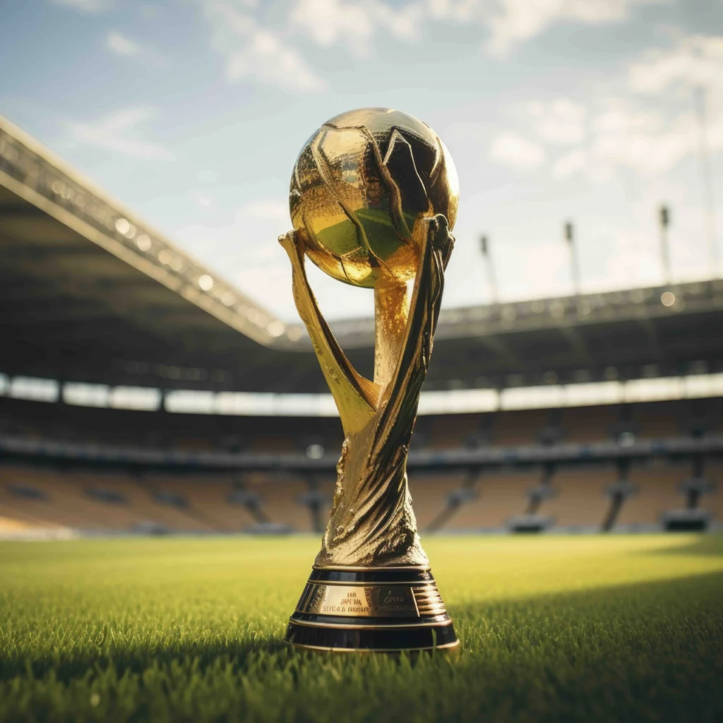 Golden FIFA World Cup trophy standing on a stadium field under sunlight, symbolizing large-scale international events and the environmental impact of fan and employee travel in Scope 3 emissions reporting