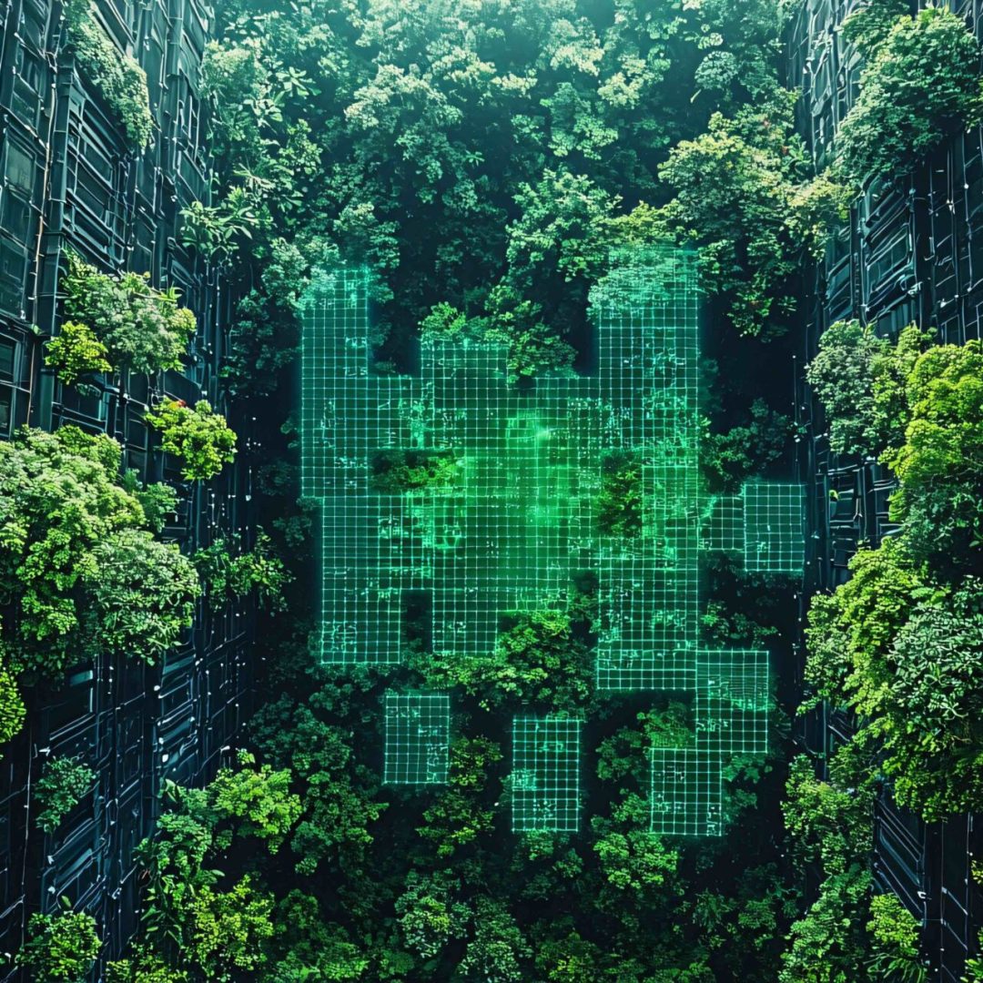 Futuristic green cityscape showcasing sustainable urban design with vertical forests and digital grid overlay, representing integration of ESG framework, SDG indicators, and carbon neutral technology